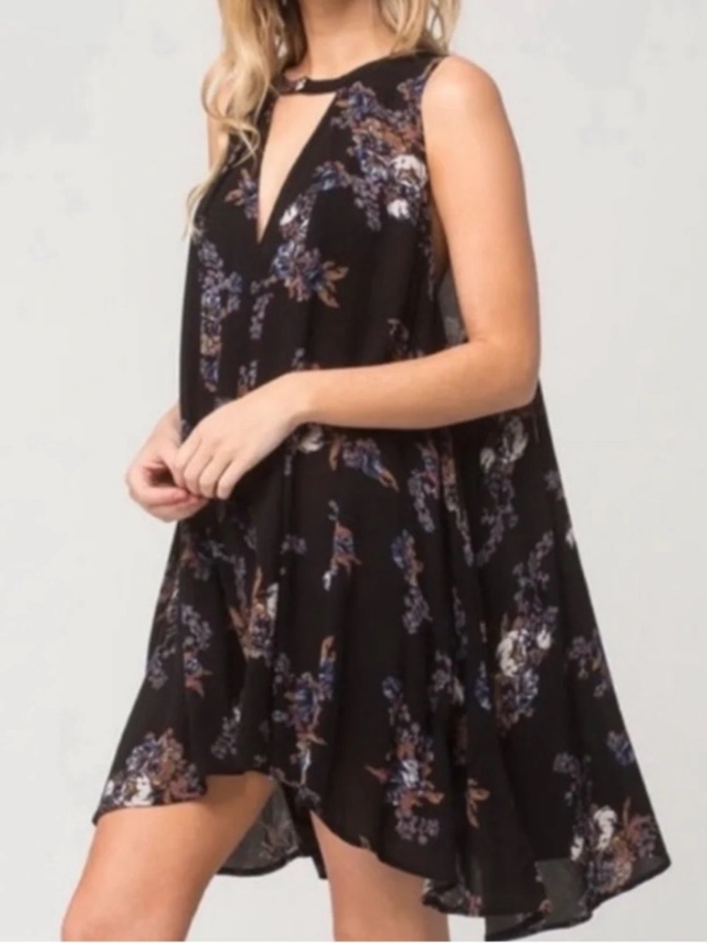 Free People Black Floral Keyhole Swing Mini Dress